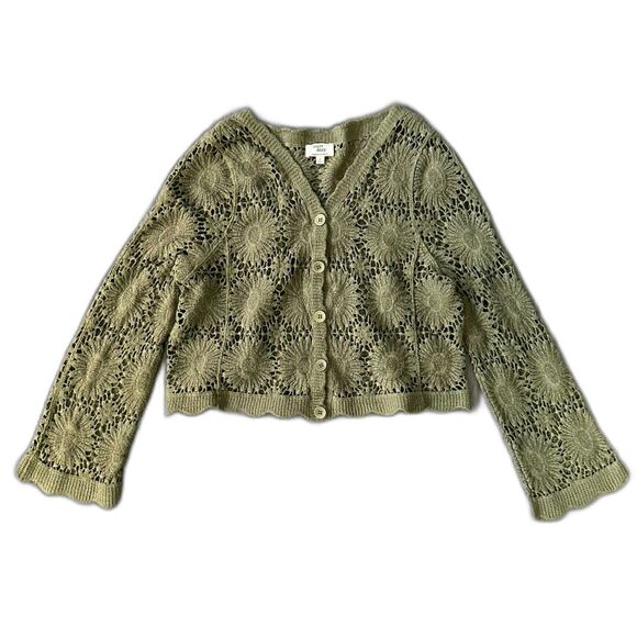 Dizzy Lizzy Sweaters - Dizzy Lizzy Daisy Crochet Cardigan V-neck Crop Button Up Olive Green Size Small
